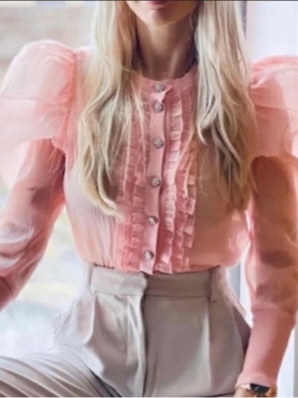 ZARA Peach Pink Sheer Rhinestone Button Puff Sleeve Ruffle Cardigan